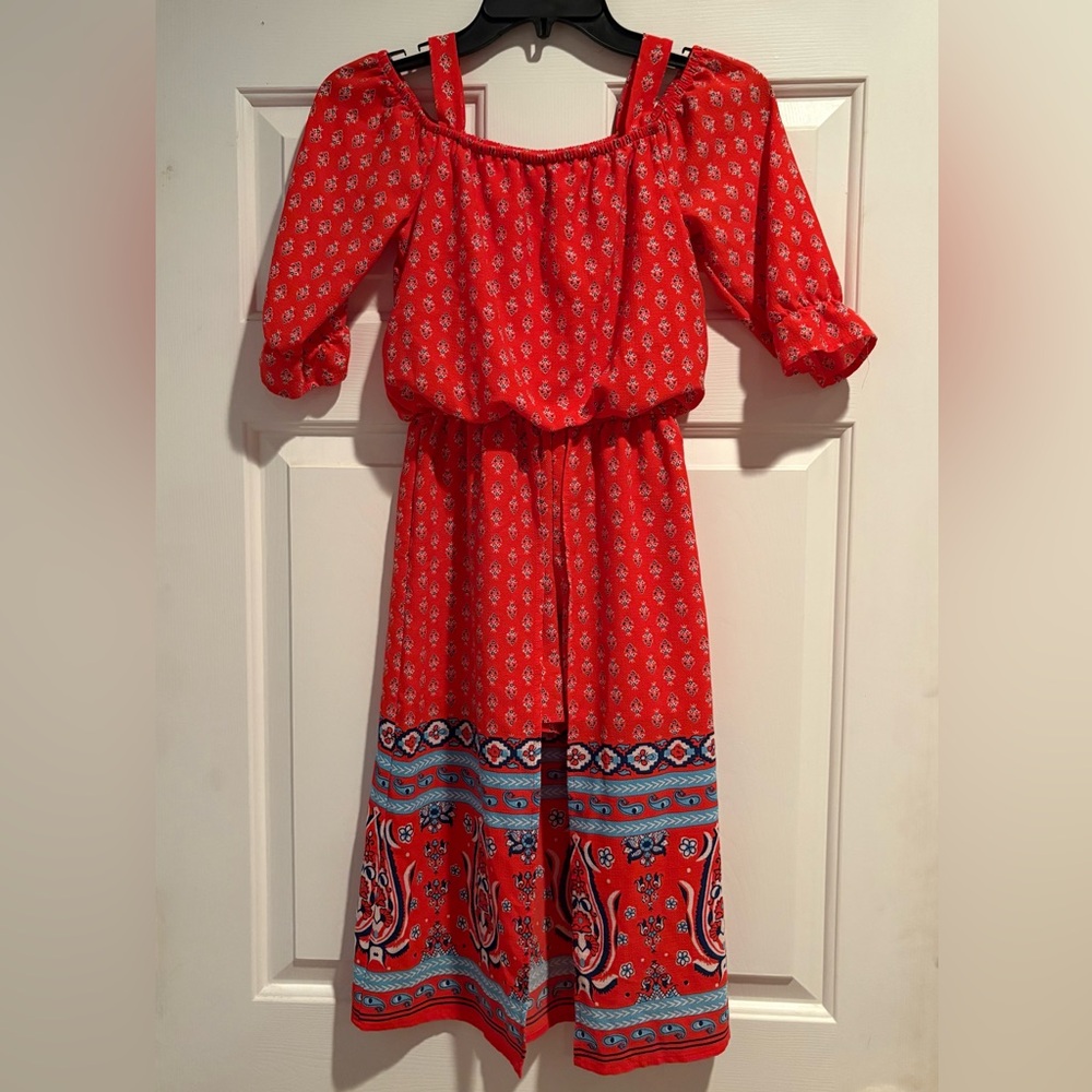 Girl’s Red Bohemian Cold-Shoulder Romper with Long Skirt, Size Medium (10/12)